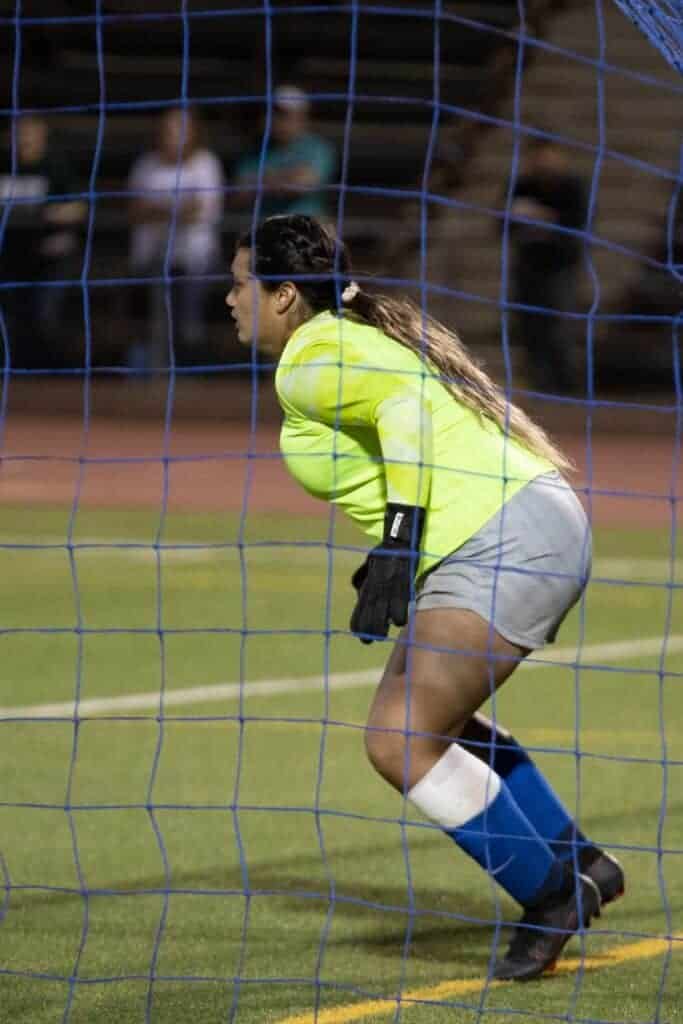 Photo - Madera’s emergency goalkeeper Evangelina Garcia gets ready for a penalty kick during Wednesday’s overtime thriller. Garcia blocked the potential tying kick to send the Coyotes into the Div. II quarterfinals.