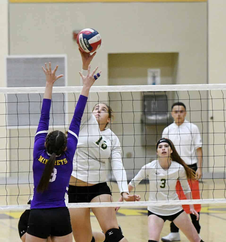 Photo - Liberty’s Sarah Shevenell rises up for a kill attempt during Thursday’s five-set loss to Minarets in the first round of the Div. IV Central Section playoffs.