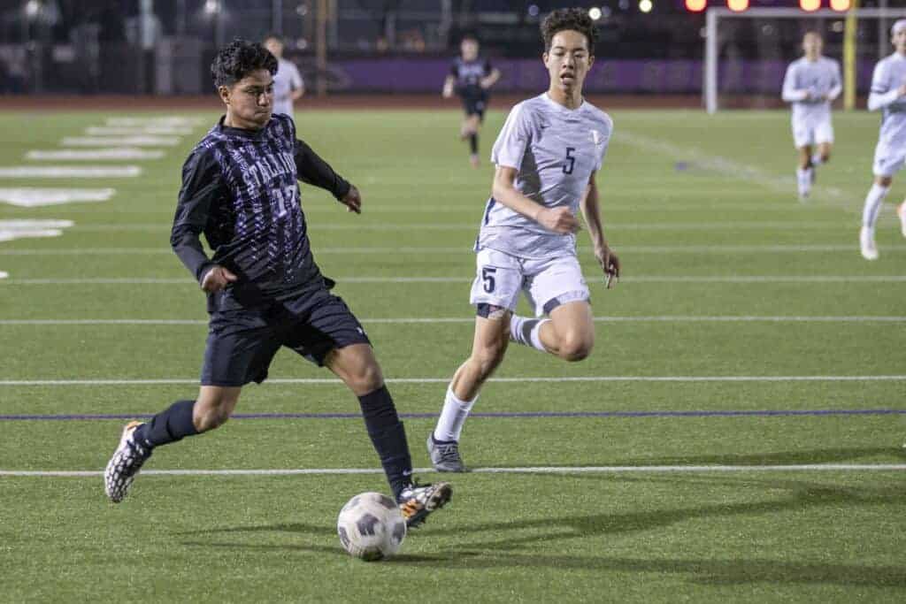 Photo - Madera South’s David Alfaro sends a shot on goal during Wednesday’s 3-1 victory over San Joaquin Memorial. Alfaro scored his first two goals of the season in the win.