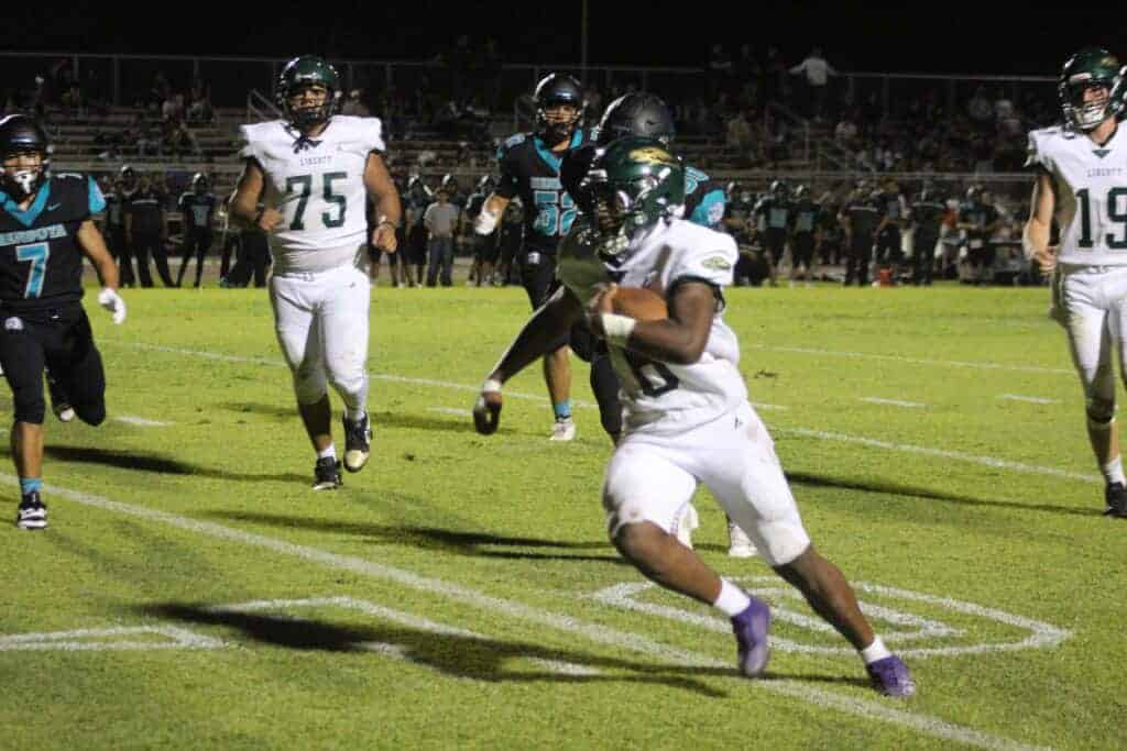 Photo - Liberty’s Ethan Dunn cuts up the field during a second half run in last week’s victory over Mendota. He rushed for 130 yards and two touchdowns, and also had a kick-off return for a touchdown. 