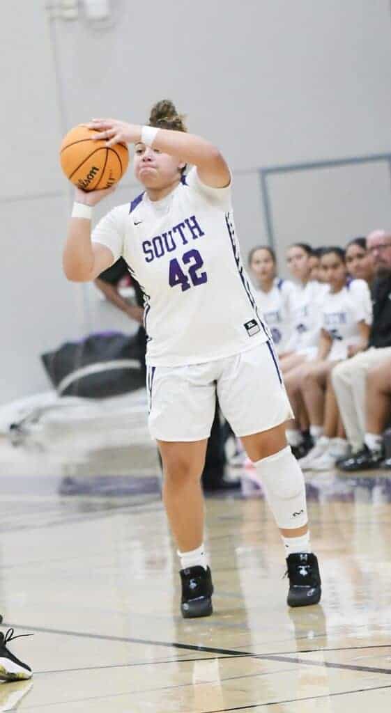 Photo - Madera South’s Alannah Ward sizes up a 3-point shot during Monday’s victory over Madera. Ward hit four 3-pointers and scored a team-high 15 points in the win.
