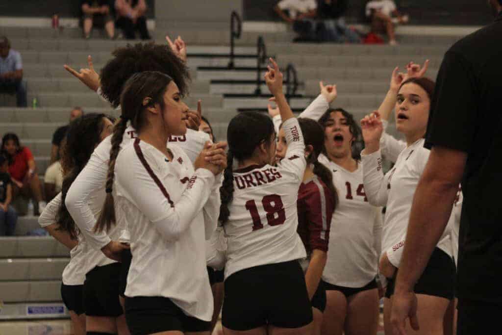 Photo - The Matilda Torres Toros girls volleyball gets ready for its North Yosemite League opener against Roosevelt on Tuesday.