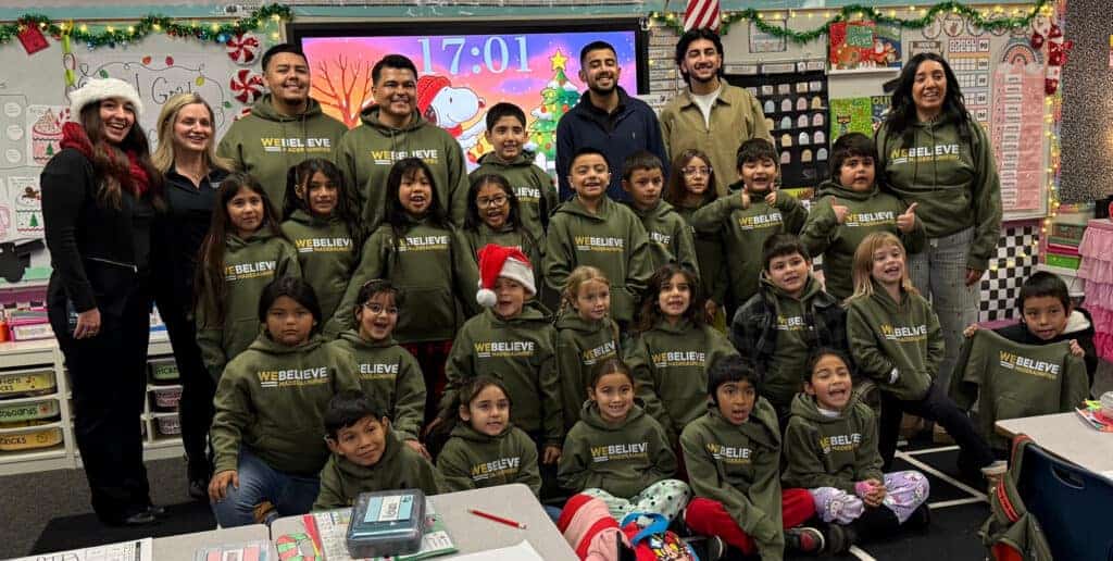 Photo of The class at Alpha Elementary poses after receiving hoodies from Cal-Pacific Supply. Cal-Pacific donated more than 600 hoodies to every student and staff member at Alpha.