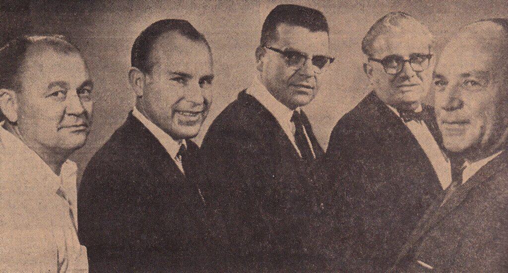 Photo - Fifty years ago, four Maderans were competing for two seats on the City Council. They were, from left, Robert Kahn, Councilman John Wells, Kenneth Gill, and William Venturi. Jack Chezick, right, was preparing the candidates for a community forum.