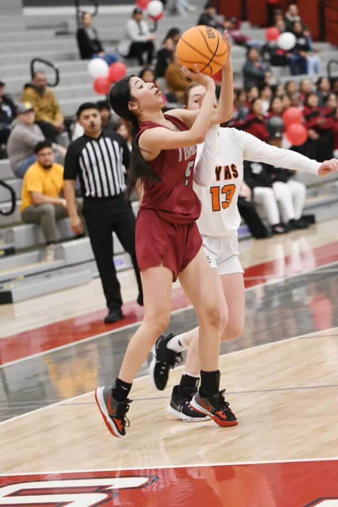 Photo - Matilda Torres freshman Kaylin Perez goes up for a shot during Thursday’s Div. VI quarterfinal victory over Santa Ynez. Perez led the second seeded Toros with 21 points against the 10th-seeded Pirates.