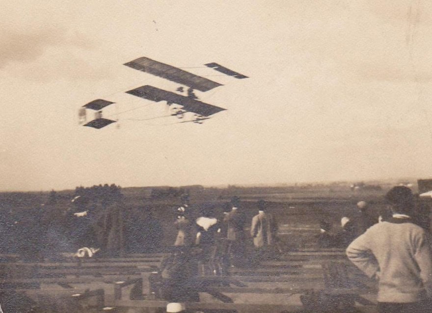 Daredevil D.E. Francis thrills the crowd with the first take off and landing of an airplane in Madera in 1913. Photo - Courtesy of The Madera County Historical Society