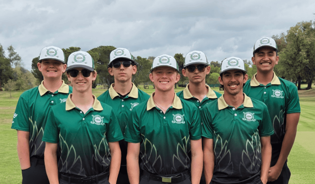 Photo - The Liberty Hawks boys golf team won the Northwest Sequoia Conference championship for the second time in three years. Back row, from left, are Jax Dahlem, Cruz Garica, Kobe Garcia, and Bishin Mahil. Front row, from left, are Tim Caldon, Asher Hall, and Blake Perez.