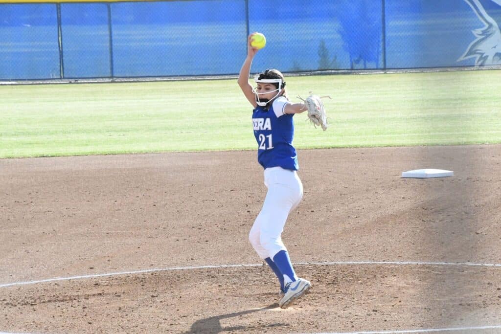 Photo - Madera starter Jaylee Gutknecht throws a pitch during Thursday’s victory over Atwater. Gutknecht earned a no-decision in the win, but threw three innings of one-run ball. 
