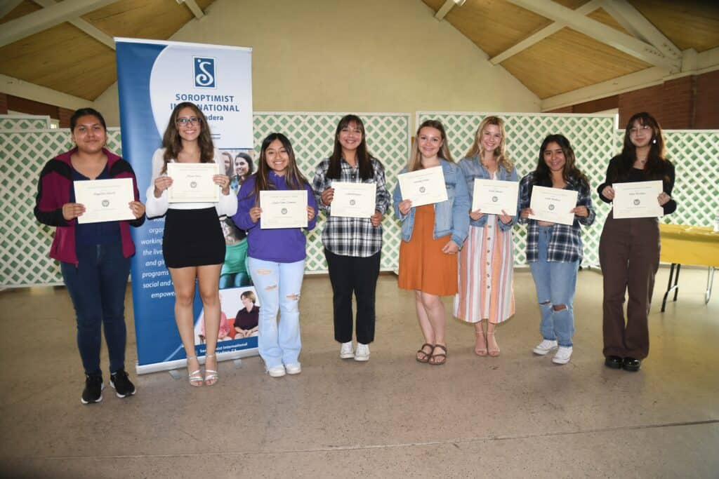 Photo - Soroptimist scholarship recipients from left, Hugolina Salazar, Alyssa Perez, Gladys Torres-Carmona, Isabel Rodriguez, Courtney Huber, Isabel Jimenez, Leslie Mendoza and Frida Martinez were honored during a luncheon at Madera United Methodist Church on April 21.