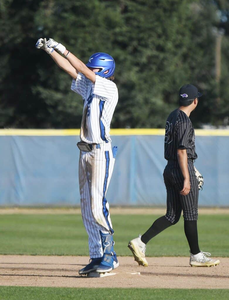 Photo - Madera’s Eric Nelson celebrates a third inning double in Friday’s loss to Mission Oak. Nelson’s double was one of only two hits for the Coyotes in a 4-2 defeat. 