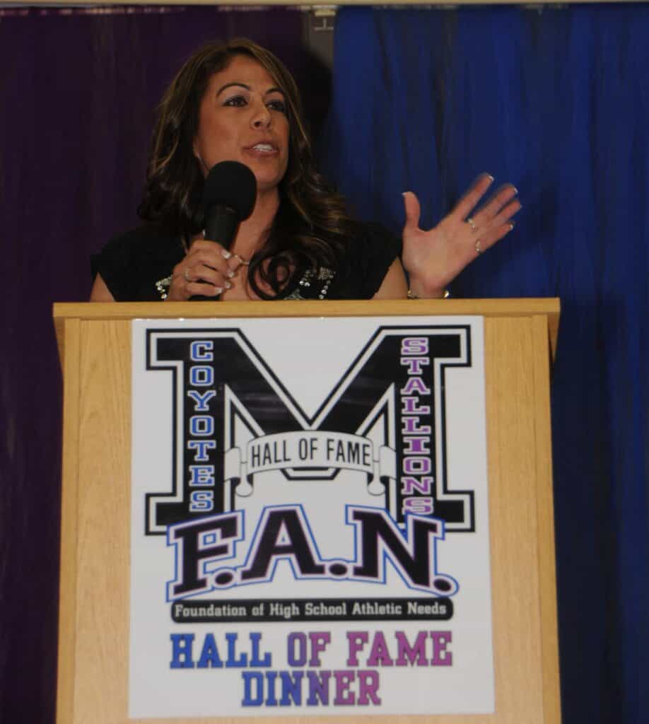 Photo - Former Madera Coyote softball standout Angela Cervantez gives her induction speech during the 2008 Madera Athletic Hall of Fame induction ceremonies. Cervantez, along with four other players will be inducted into the Madera Coyote Softball Hall of Fame on Sautrday at the Madera Municipal Golf Course Banquet room.