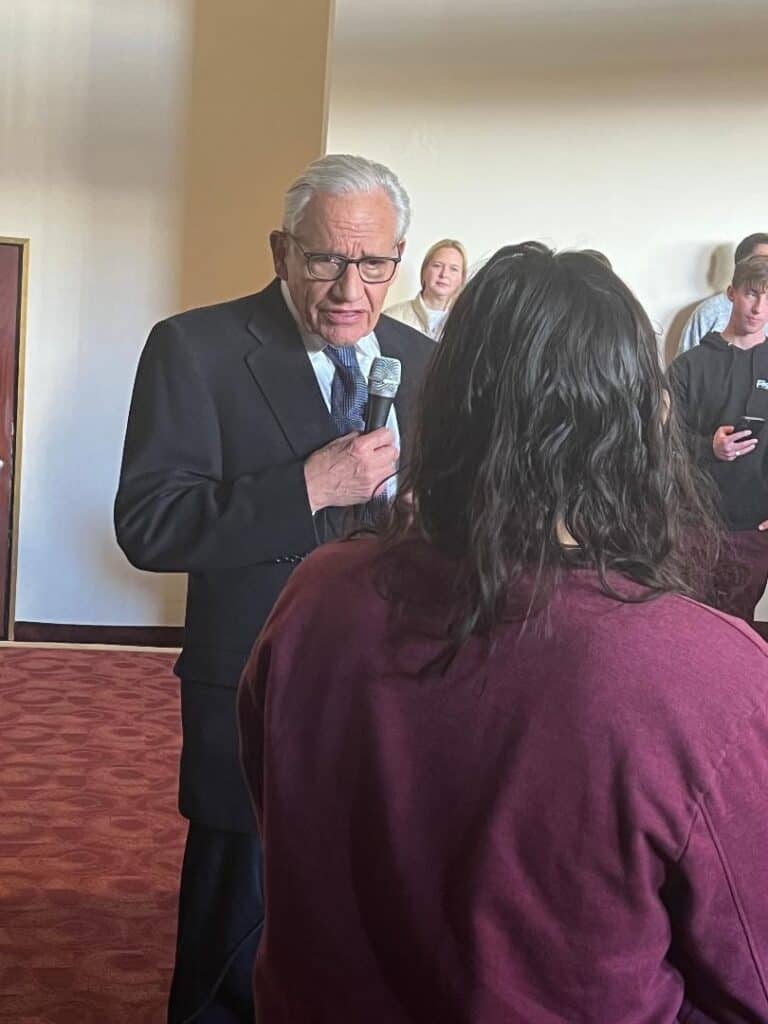 Photo - Renowned journalist Bob Woodward is pictured here with MSHS senior Karina Alvarado at Fresno’s Saroyan Theatre during the San Joaquin Valley Town Hall lecture series.