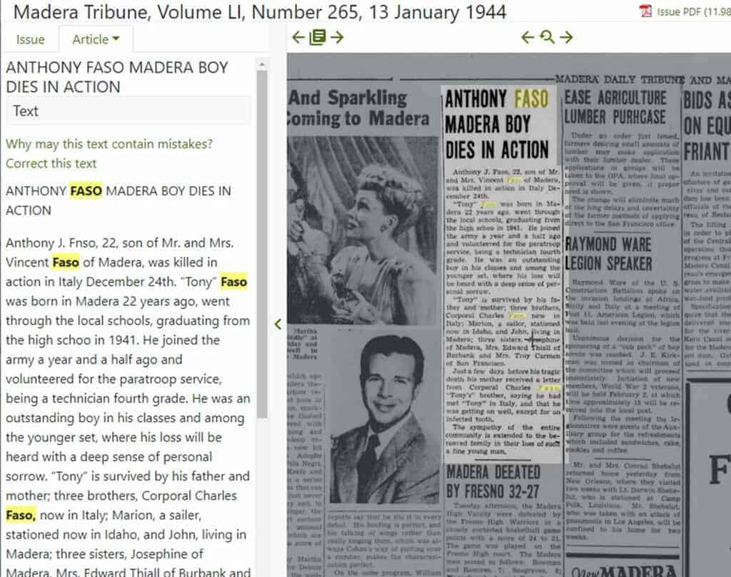 Photo - This Madera Tribune article announced Tony Faso’s death in 1944.