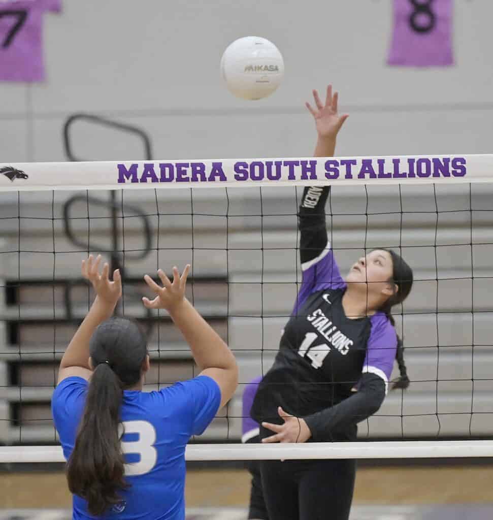 Photo - Madera Souths’ Maria Hernandez rises up for a kill attempt in Thursday’s loss to the Sanger West Hornets at Madera South.
