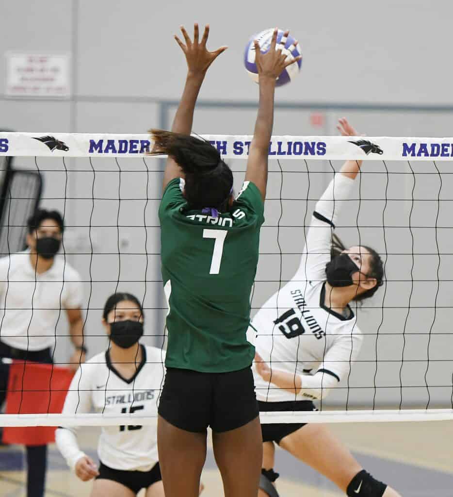 Photo - Madera South’s Karina Alvarado goes up for a kill attempt in Tuesday’s sweep at the hands of the Hoover Patriots. After playing the first set as a libero, Alvarado played every rotation in the third set and led the team with three kills.