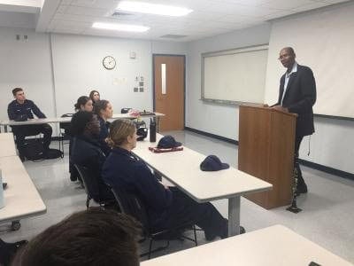 Photo - CWO Kirk Edwards is shown here sharing some vignettes from his Leningrad Diary with Professor Jose Gonzalez’ English class at the U.S. Coast Guard Academy in November 2019.