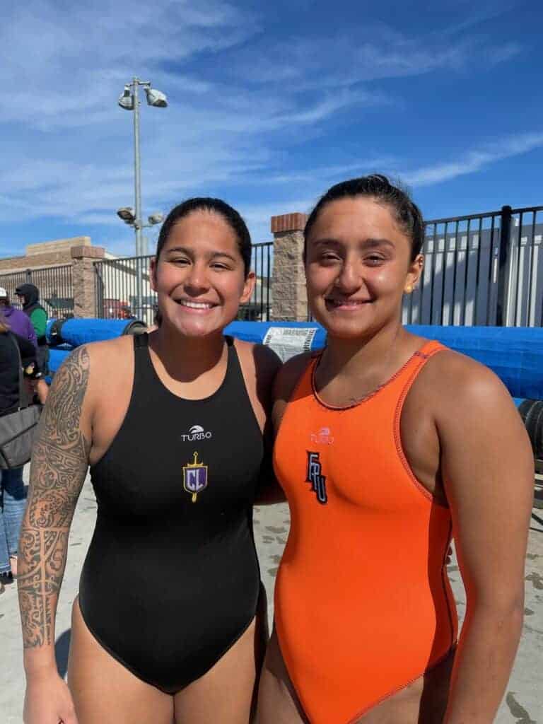 Photo - Former Madera Coyotes girls water polo players Jessica Diaz, left, and Emily Lopez-Ibarra met in the collegiate pool last week. Diaz’s Cal Lutheran Knights got the better of Lopez-Ibarra’s Fresno Pacific Sunbirds.