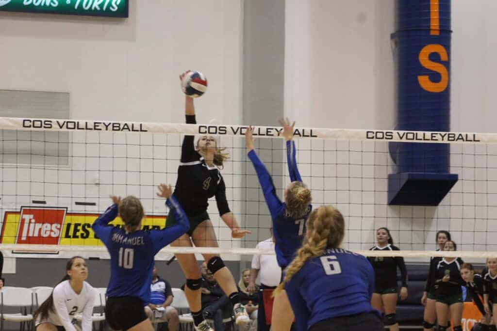 Photo - Liberty outside hitter Hannah Chase rises up for one of her game-high 23 kills in Saturday’s Div. IV Central Section title match to Immanuel.