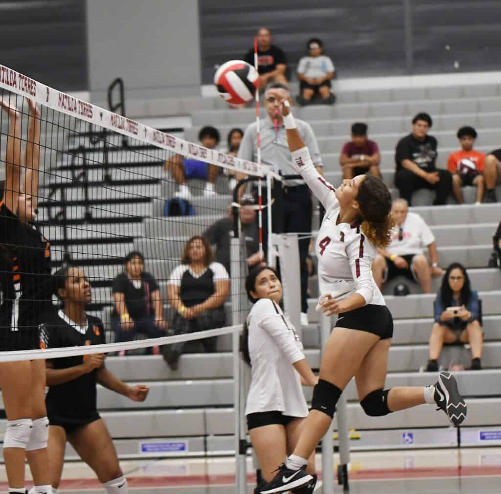Photo - Matilda Torres’ Bryance Gonzalez reaches up for a tip kill during Wednesday’s loss to the Selma Bears. Gonzalez had three kills in the loss.