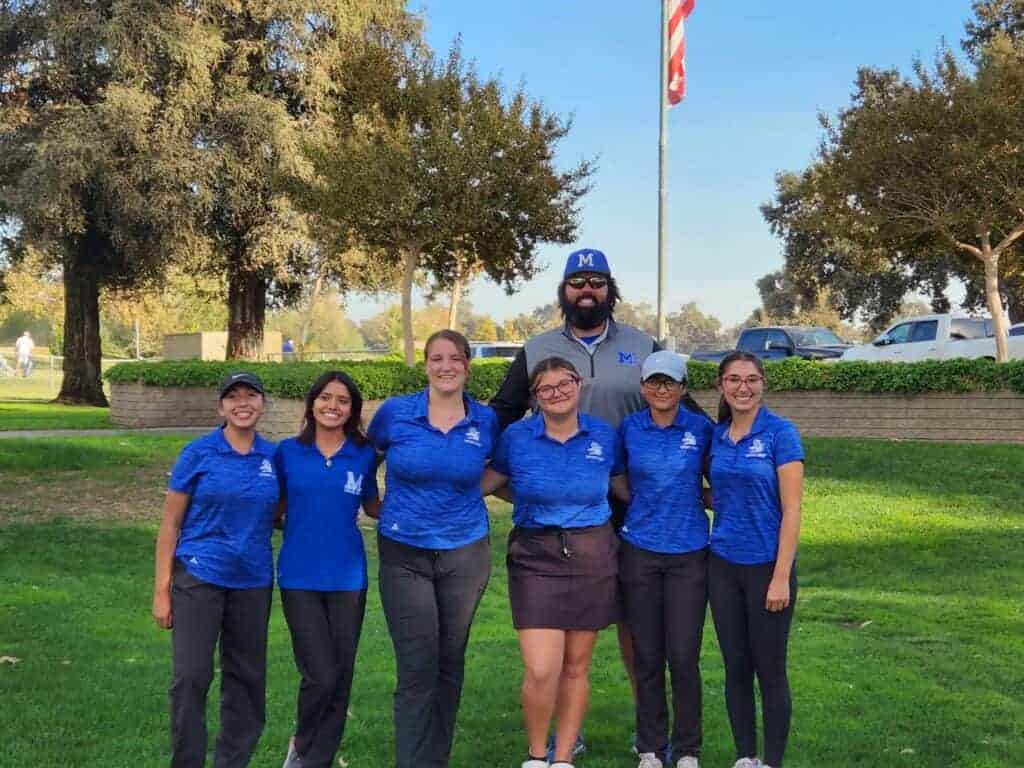 Photo - The Madera Coyotes girls golf team placed third at the Div. II Central Section Championships, missing out on a tiebreaker for second and an opportunity to advance. From left are Jayden Cuevas, Zoe Barriga, Kylie Sally, head coach Gary Moran, Sydney Fernandez, Isabella Alvarez and Mallory Trull.