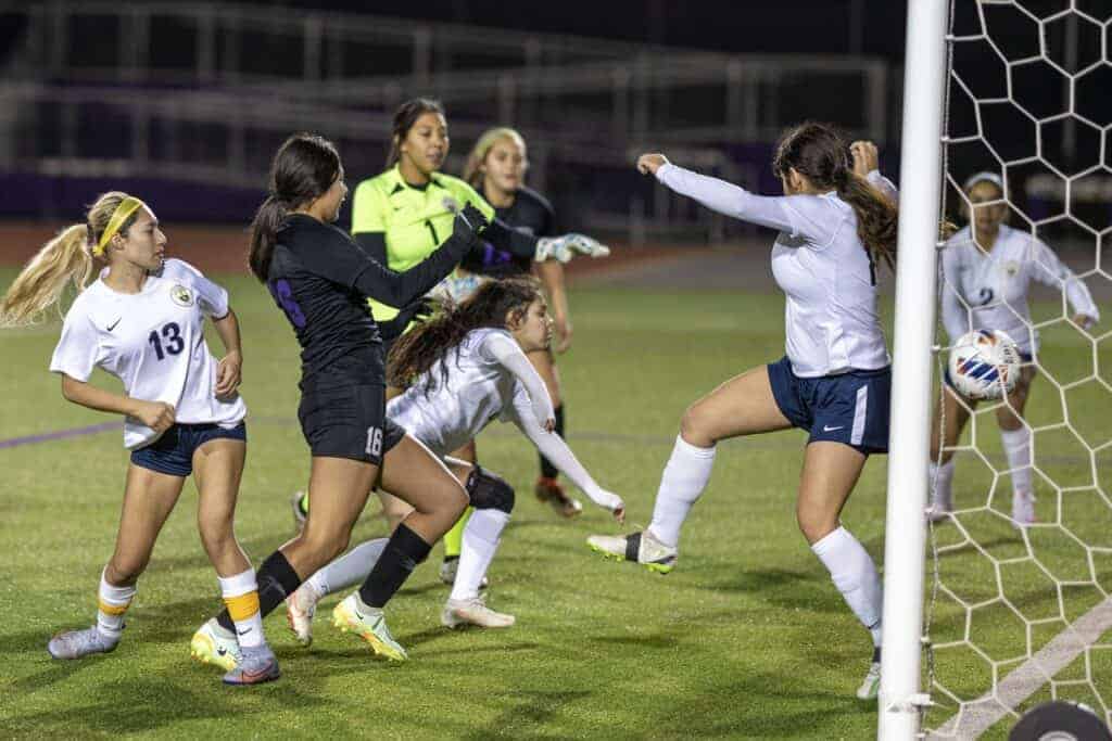 Photo - Madera South’s Hazel Iniguez watches her belly shot find its way through the Sunnyside defense for a gall in Tuesday’s 3-2 victory. Iniguez scored two goals in the win.