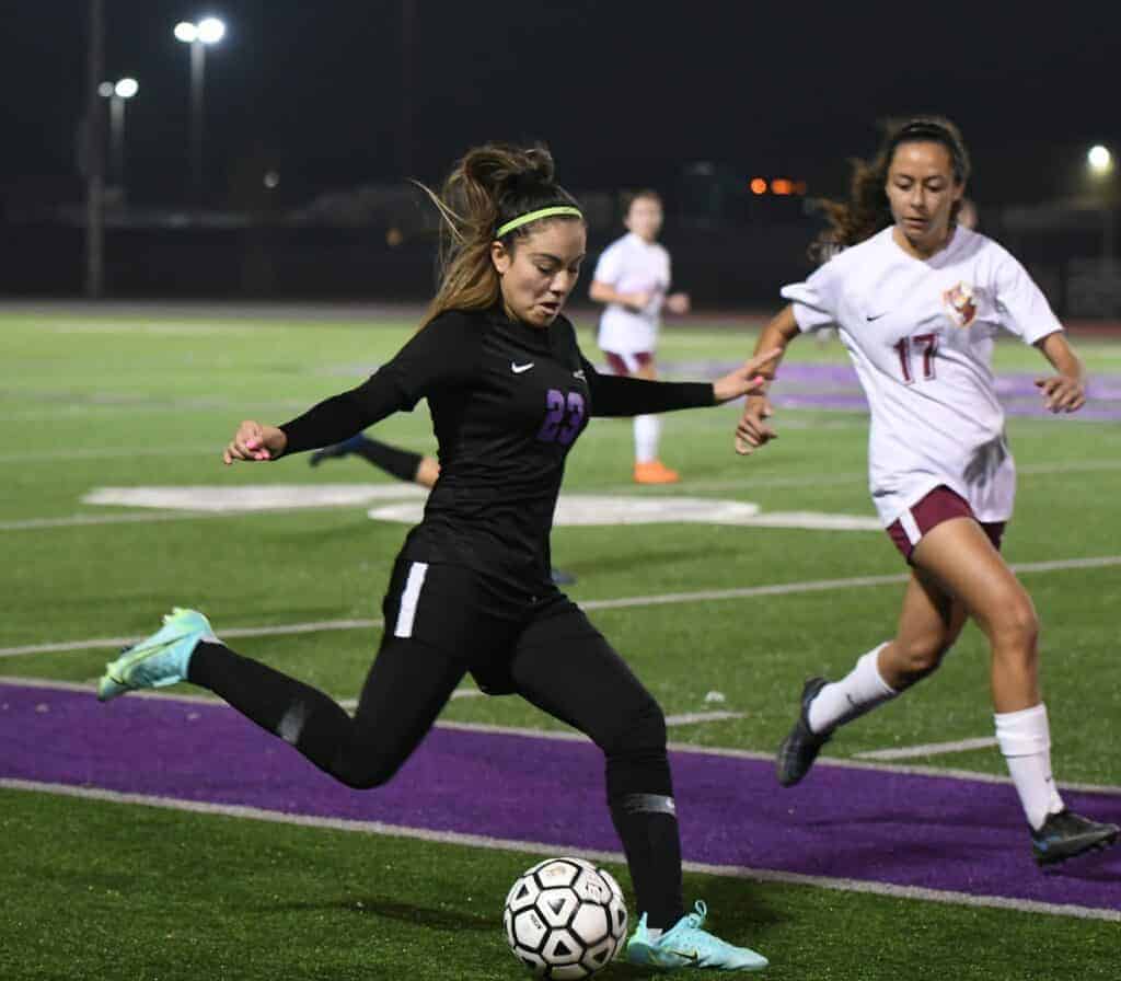 Photo - Madera South’s Brianna Maciel controls the ball near the sideline during Tuesday’s 2-1 overtime loss to the Clovis West Golden Eagles.