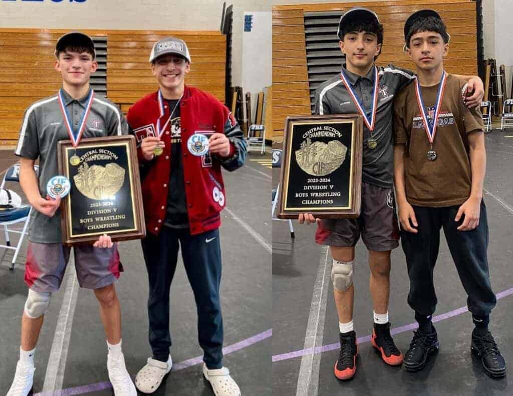 Photo - The Matilda Torres Toros wrestling team won its second straight Central Section Div. V team championship this year. Helping the Toros achieve the milestone were not one, but two sets of brothers — (LEFT) Pablo, left, and Angelo Adame, and (RIGHT) Aiden, left, and Alex Salas.