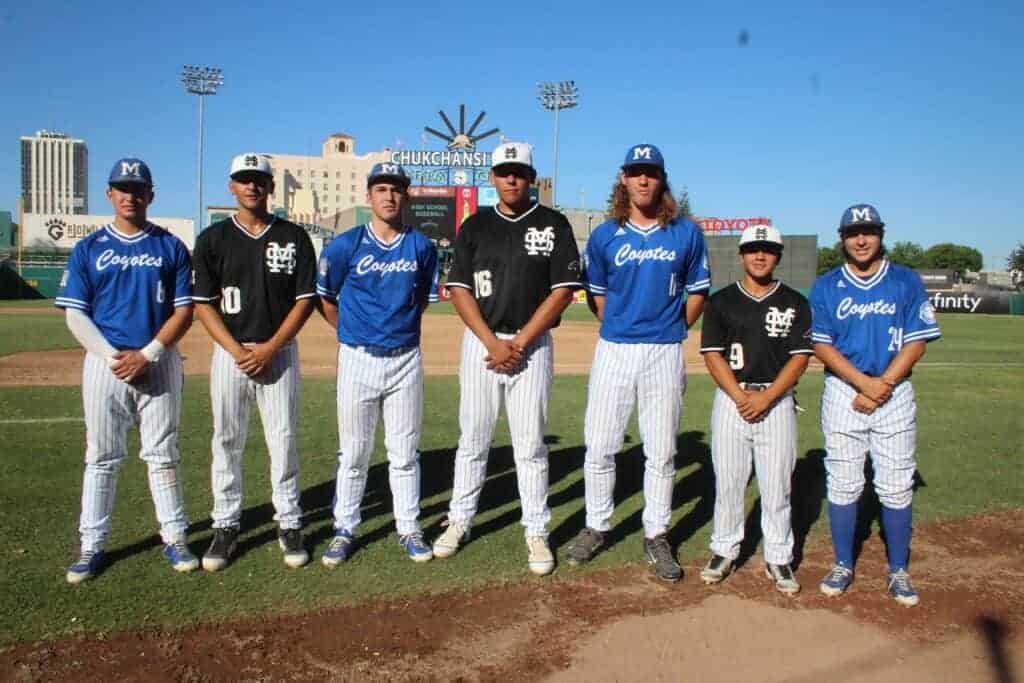 Photo - The 52nd annual City/County All-Star Baseball game featured seven players from Madera and Madera South. From left are Christian Chavira, Caleb Bertoncini, Brixton Gomes, Juan Carlos Gonzales, Brian Hefner, Jeremy Flores and Tony Noriega.