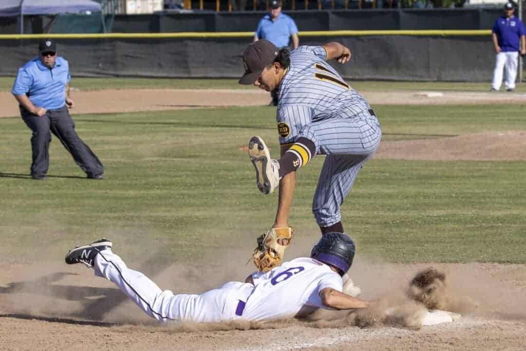 Madera South’s Anthony Gamiz slides in safely to third base during the third inning of Tuesday’s first round playoff victory over Golden West. Photo - Courtesy of Christopher Cross
