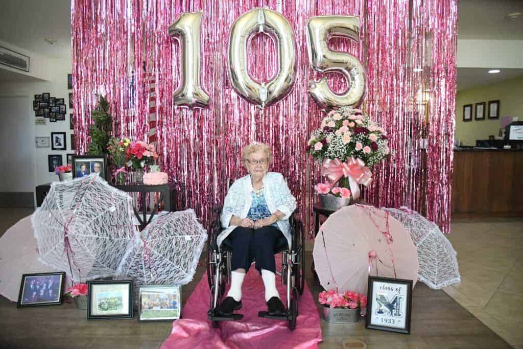 Photo - Velma Hansen celebrates her 105th birthday at Cedar Creek on Friday, where the lobby was decorated in her honor.