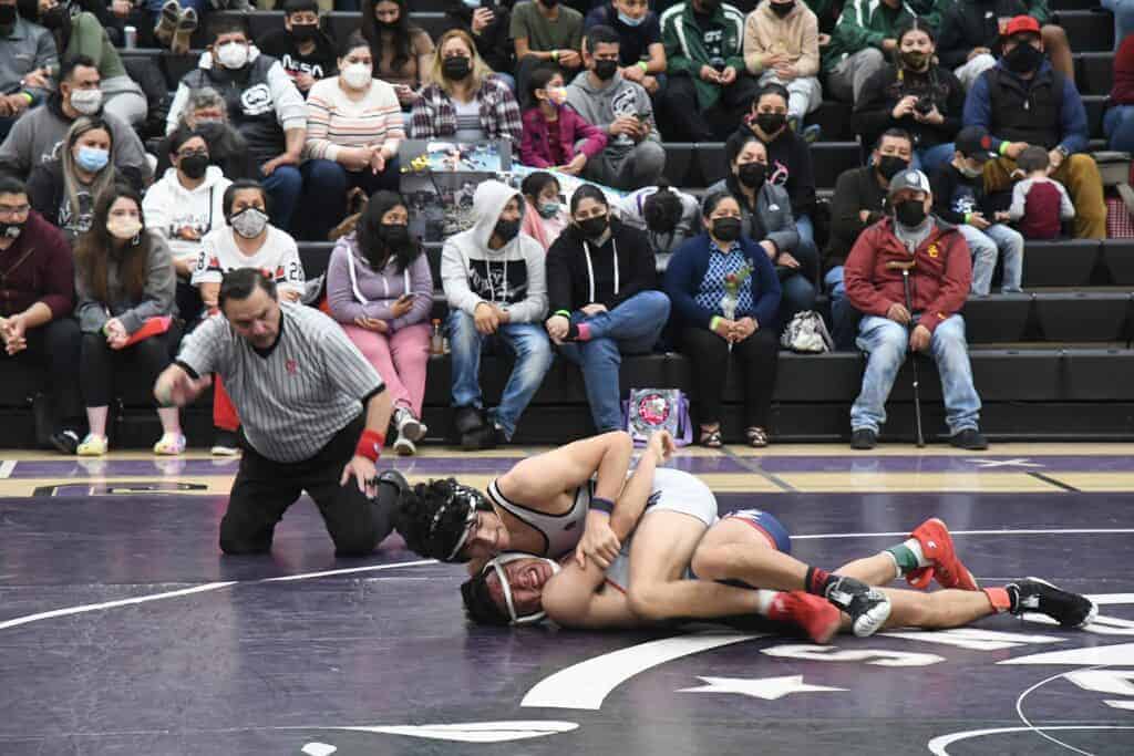 Photo - Madera South 140-pounder Jaime Garcia gets his Sanger opponent into a pinning position. He got the pin with one second left in the first period in Wednesday’s dual match victory.