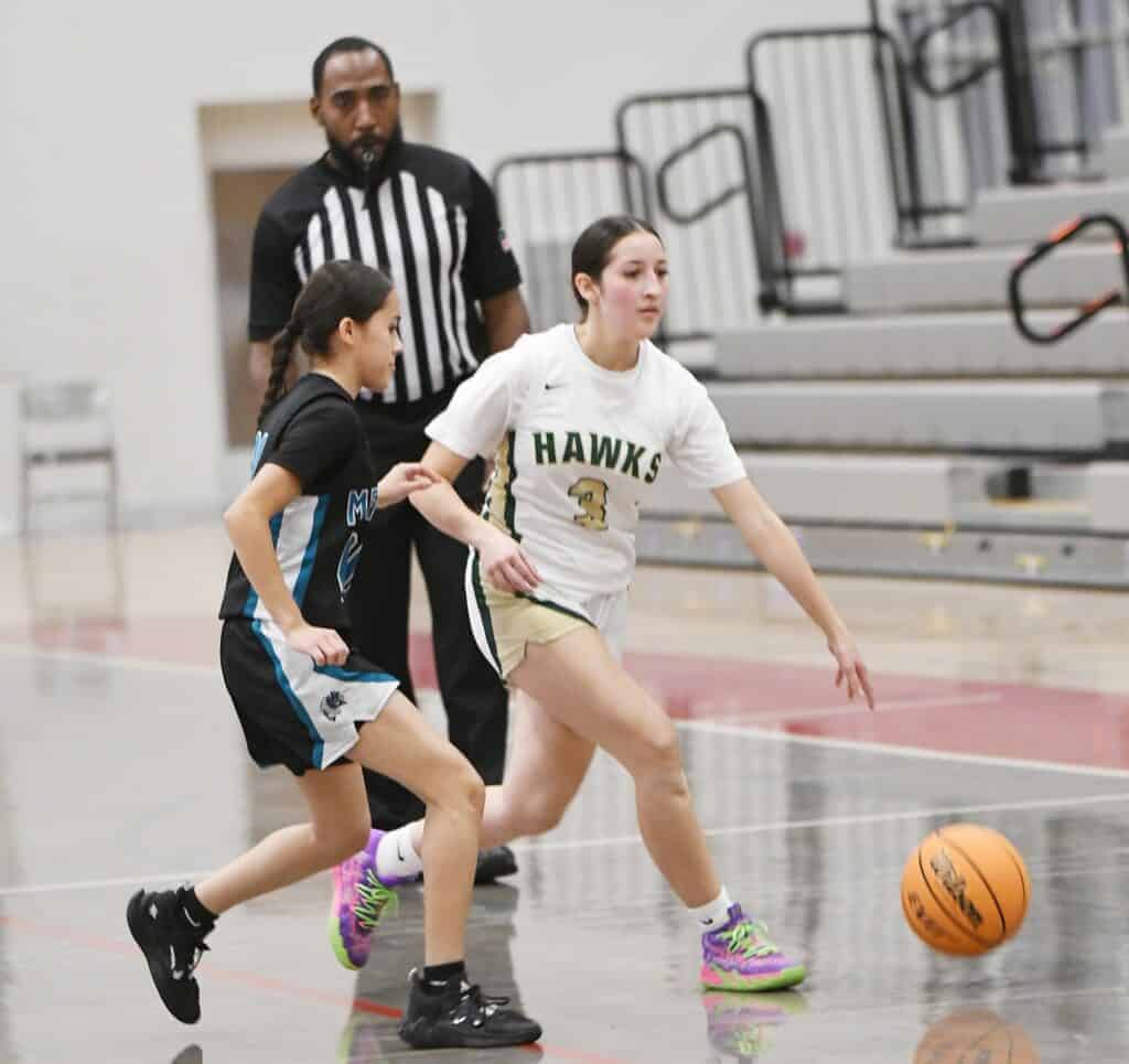 Photo - Liberty’s Sam Bonilla tries to work the offense during Friday’s loss to the Mendota Aztecs at the Cen-Cal Holiday Tournament.
