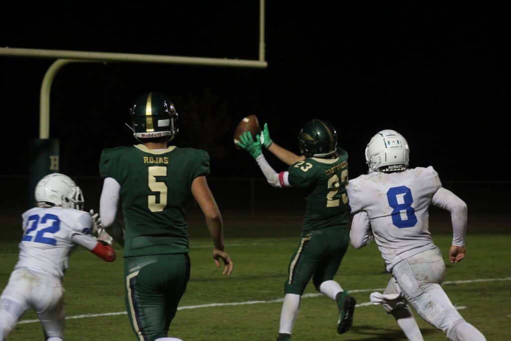 Photo - Liberty’s Dominic Castaneda reaches out to haul in the potential game-tying touchdown pass during Friday’s loss to the Immanuel Eagles. Castaneda scored both touchdowns, both on passes while gaining more than 120 yards from scrimmage. He also forced a fumble and recovered it.