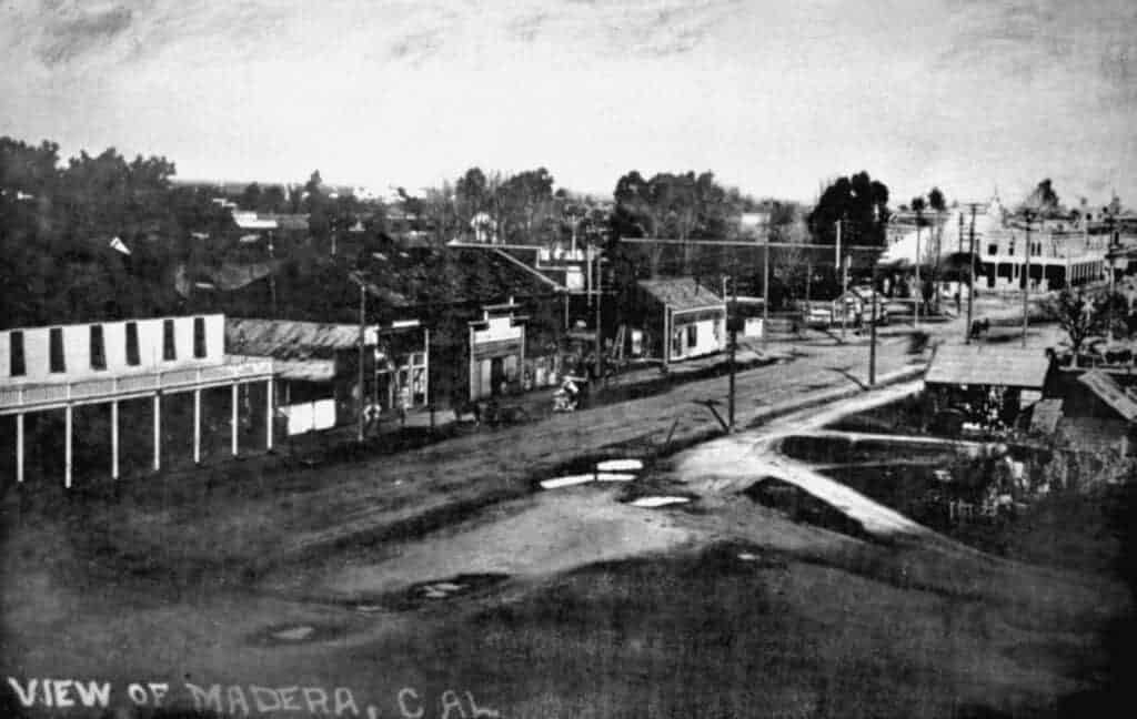 Photo - Madera’s “tenderloin” district can be seen here on the left of the photo. This area was home to the Owl Saloon in 1905.