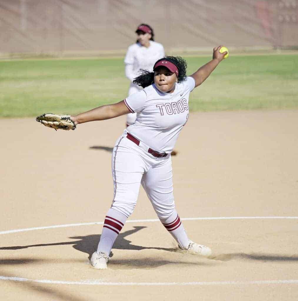 Photo - Matilda Torres’ Layla Webster throws a pitch in the Toros’ first-round win. She tossed a five-hit shutout in Tuesday’s quarterfinal win over Riverdale. 