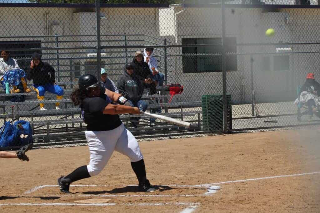 Photo - Madera South’s Gianna Rodriguez rips a two-run double in the first inning of Tuesday’s 4-1 victory over the Mendota Aztecs at the Washington Union Softball Spring Classic. Rodriguez also scored a run in Madera South’s only win of the tournament.