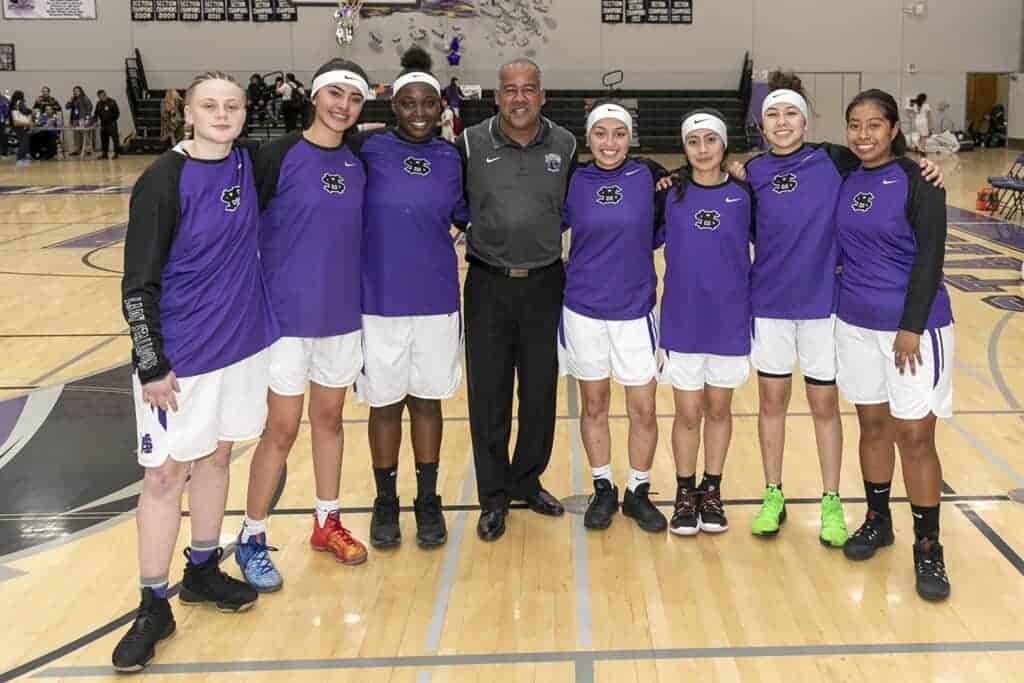 Photo - Seven Madera South seniors were honored before Wednesday’s home finalé. From left are Lexi Eller, Shayla Lopez, Braya Walker, head coach Johnny Sharp, Jackie Cortez, Angel Ortega, Alejandra Cortes and Briseida Vasquez.