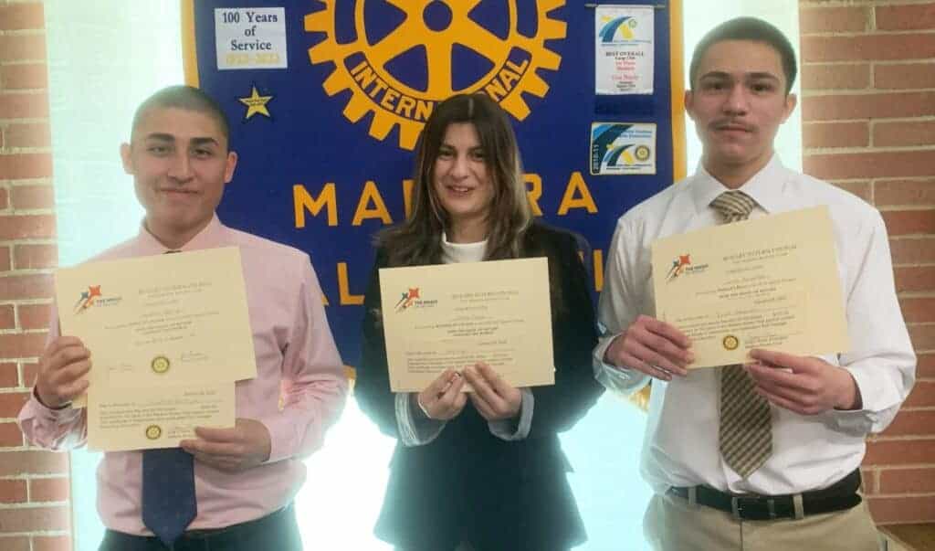 Photo - Rotary Speech Contest participants show off their certificates after speaking about “How the magic of Rotary changes the world.” From left are Jonathan Barriga, Jazzy Duque and Isaiah Hernandez.