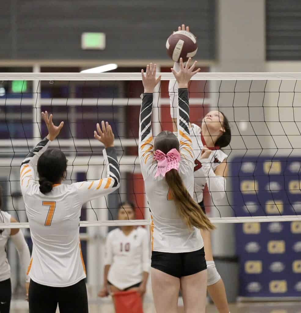 Photo - Torres’ Trinity Anderson rises up for a kill during Monday’s three-set victory over the Central Grizzlies at Torres.