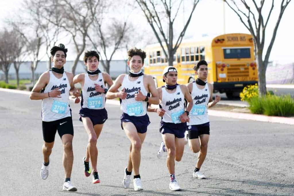 Photo - From left, Madera South runners Isaac Chavez, Dylan Devine, Adrian Hipolito, Videl Luna and Ulysses Vega, begin Friday’s triangle meet race against Bullard and Matilda Torres. The Stallions placed eight runners in the top nine positions.