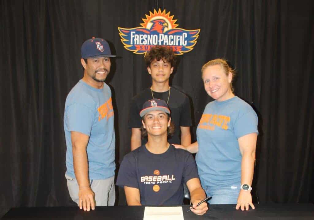 Photo - Matilda Torres’ Will Valmonte, and his family, from left father Vern, brother Kaden and mother Kelly, are all smiles after signing his National Letter of intent to play baseball at Fresno Pacific University. 