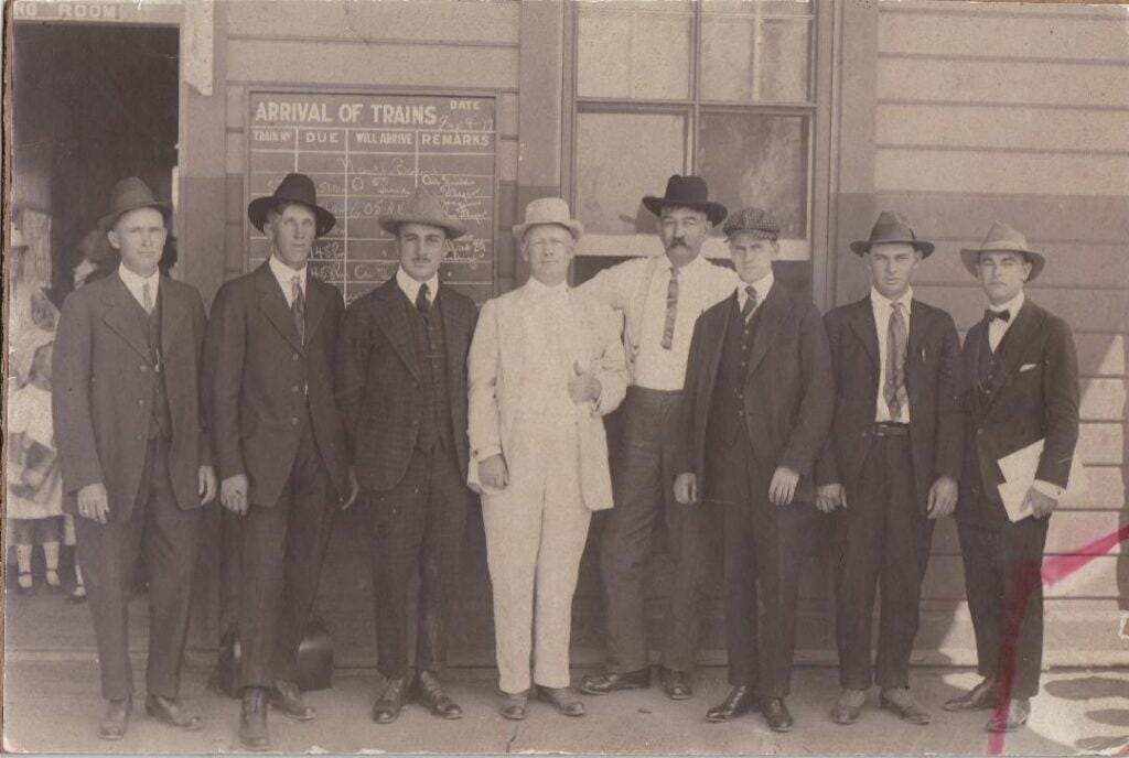 Photo - The first Maderans to be drafted in WWI are shown here at the Madera depot on Sept. 9, 1917, as they leave for the Army. Herbert Macon, second from the right, didn’t come home. He was the first Madera soldier to die in the war. He was killed in the Battle of Chateau Thierry in July 1918.