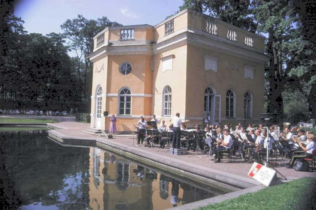 Photo - A photo of the Coast Guard Band performing at the Village of Pushkin in the Soviet Union.