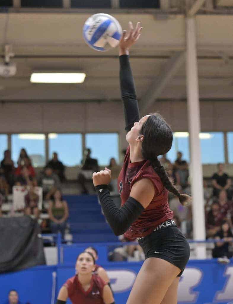 Photo - Torres’ Trinity Anderson rises up to put down one of her match-high 11 kills in Tuesday’s four-set victory over Madera in Joe Flores Gym. 