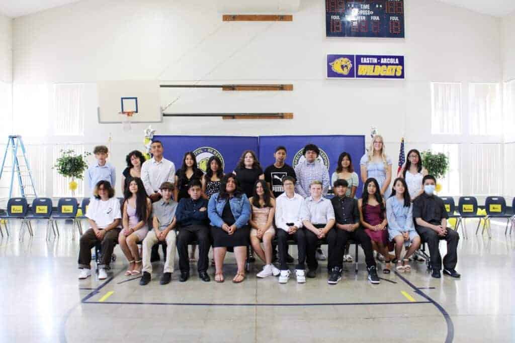 Photo - Eastin-Arcola Elementary School Class of 2022 promoting eighth graders gather for a group photo during a June 2 ceremony.