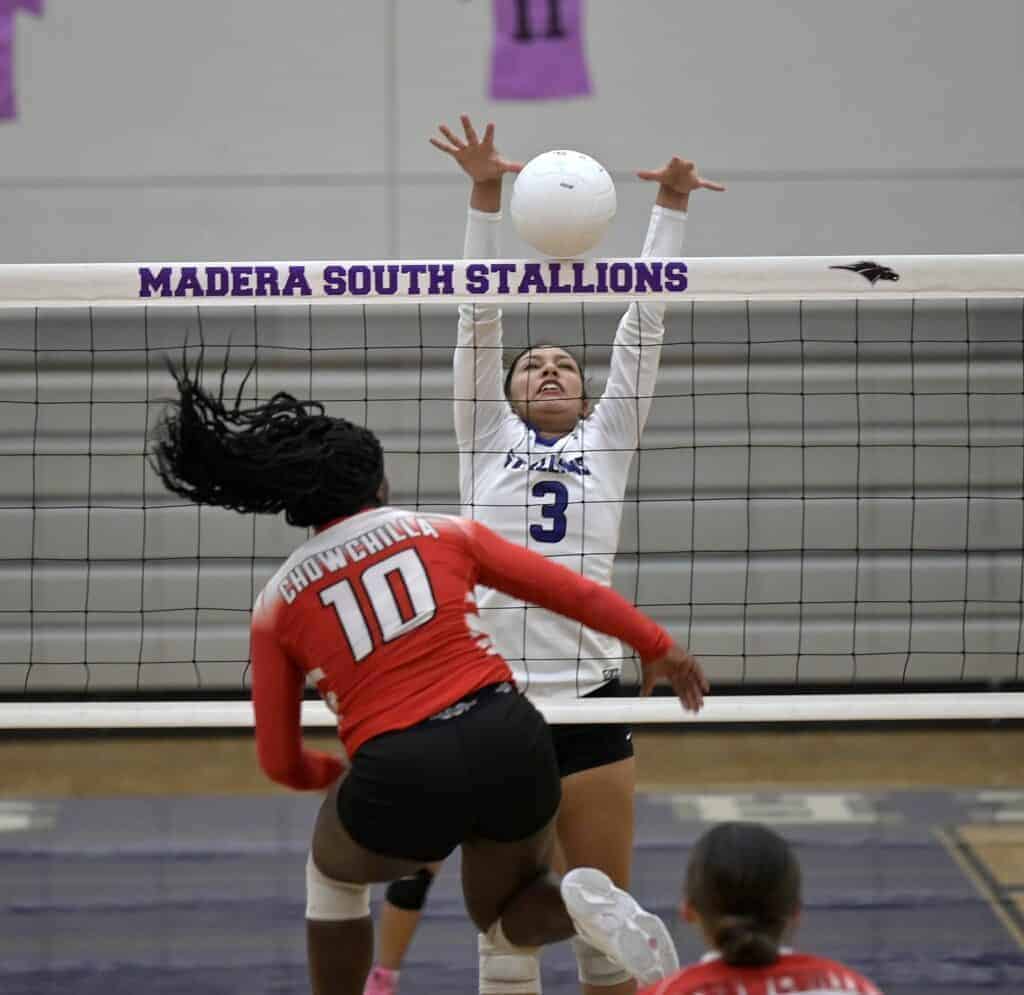Photo - Madera South’s Isabella Zaragosa blocks a Chowchilla attack during Tuesday’s season opener. Zaragosa led the Stallions with nine kills. 