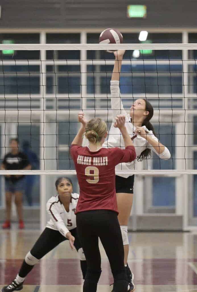 Photo - Toros freshman Trinity Anderson rises up for a kill during Wednesday’s five-set win over Golden Valley-Merced. Anderson led the Toros with 14 kills, including three in the fifth set.