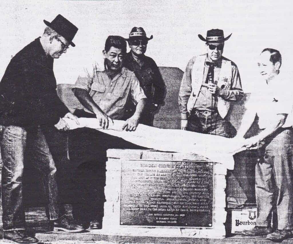 Photo - Frank Tuck is shown here, second from the left. Assisting him in the 1966 unveiling of the new plaque commemorating the Borden Chinese Cemetery are Gim Woo, far right, and three members of E Clampus Vitus.