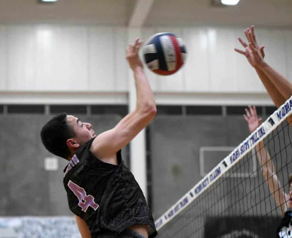 Photo - Madera South’s Sebastian Moreno rises up for a kill against Clovis North in the only home match the Stallions were able to play this season.