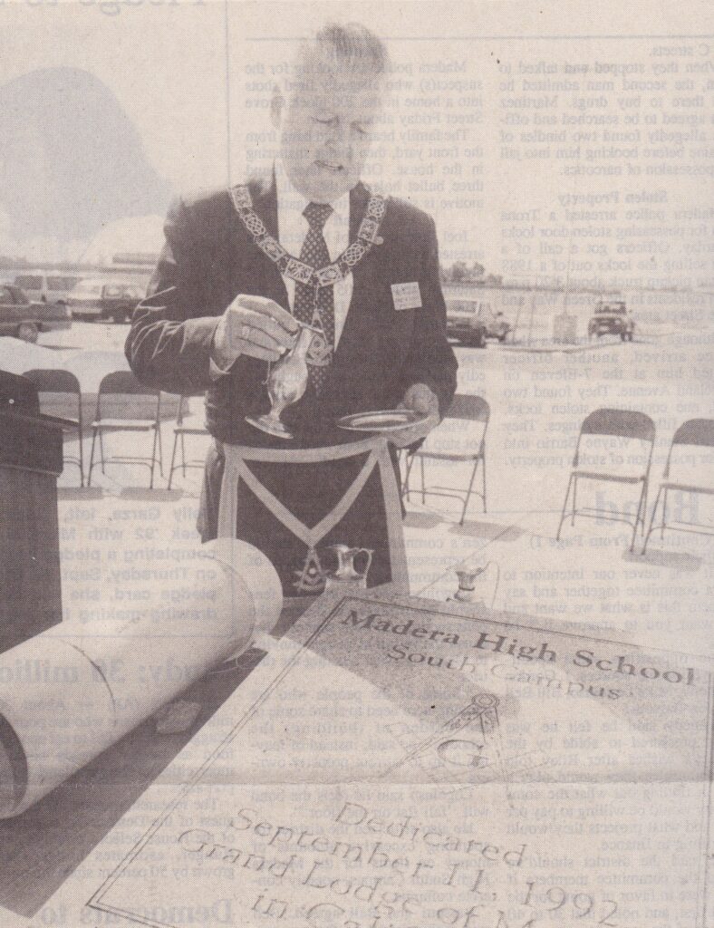 Photo - Twenty-five years ago, Masonic Lodge Grand Master Stan Cazneaux conducted a ceremony dedicating the cornerstone for Madera High School South Campus. Twelve members of the Masonic Lodge participated in the ceremony, and students provided items for the cornerstone’s time capsule.